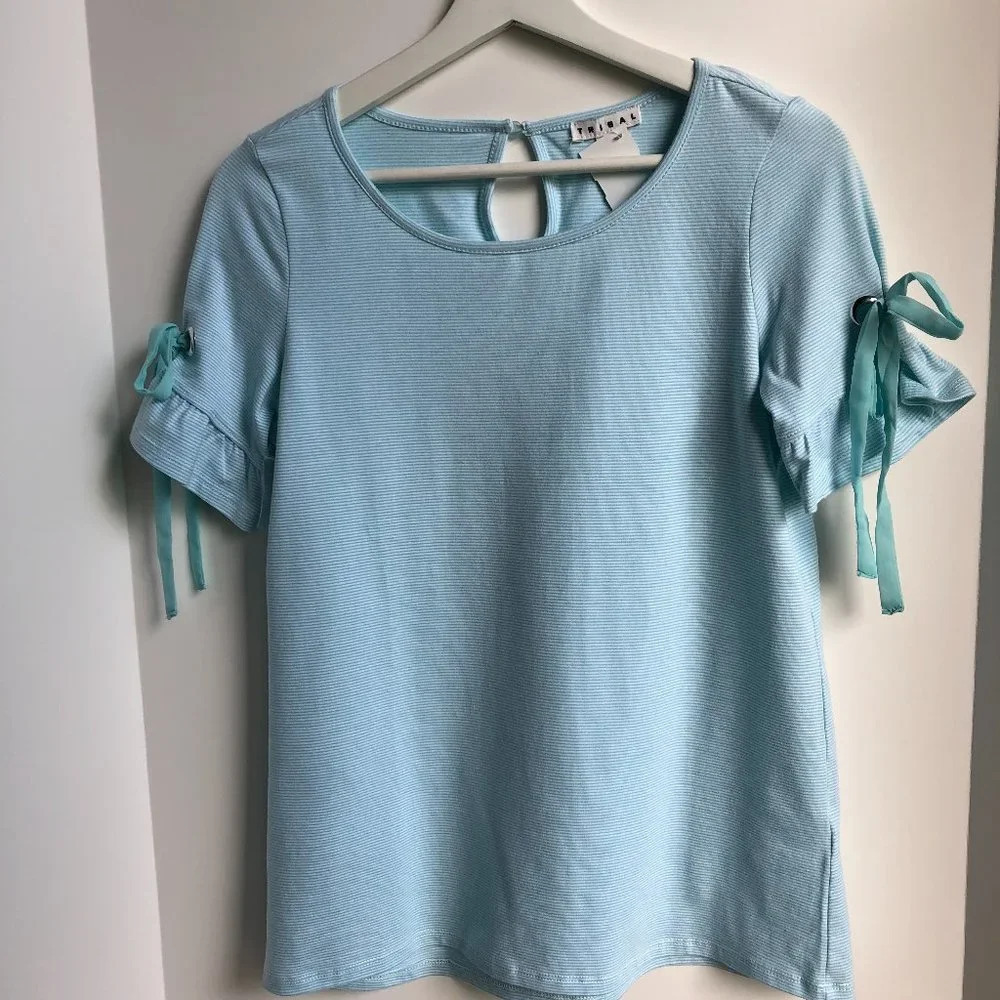 Tribal Short Sleeve Scoop Neck Stripped Top Ruffle Design Blue Aqua Sz S NWT